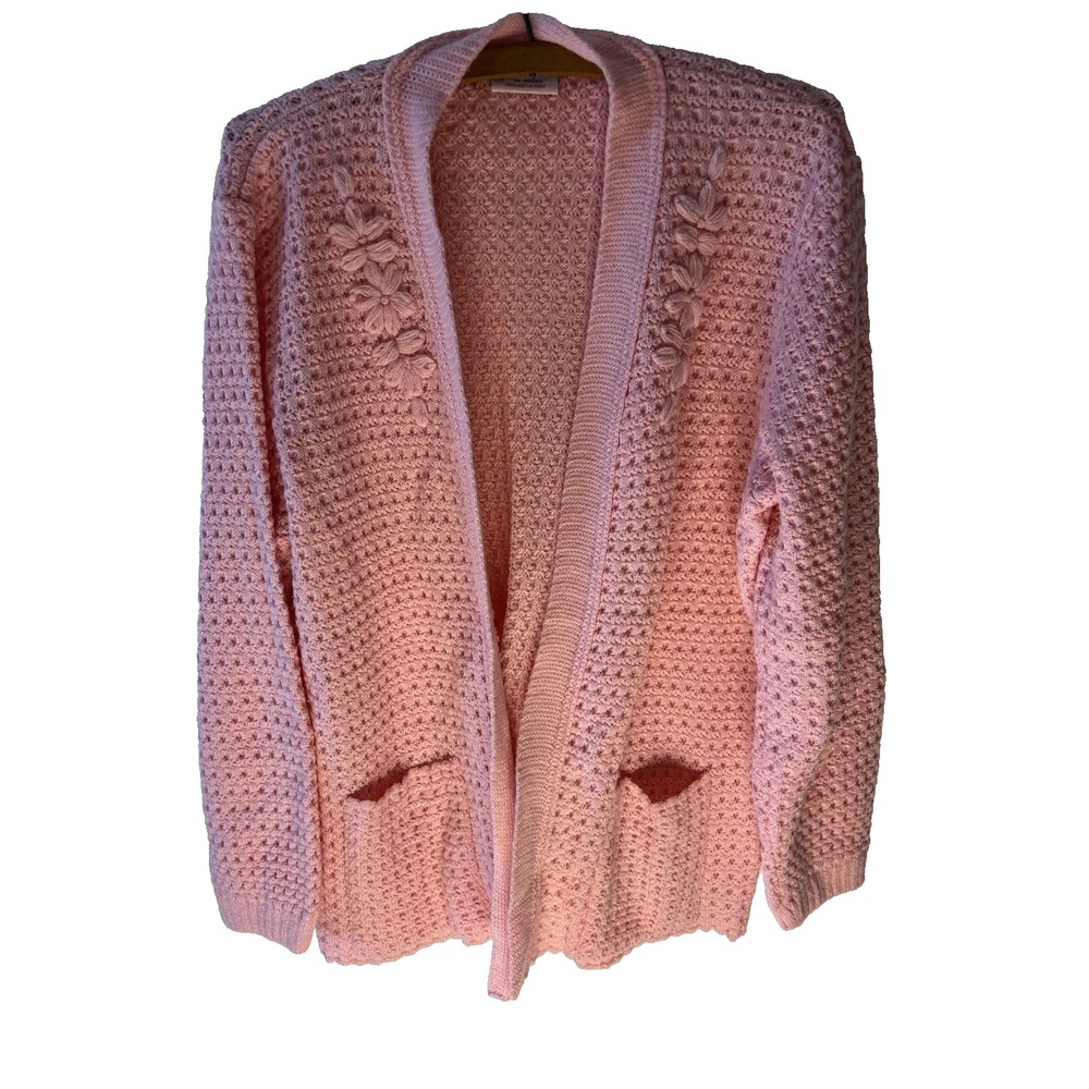 Vtg 60s Bams Knits Pink Cardigan S/M Crochet‎ Teacher Cottage Grannychic Afghan